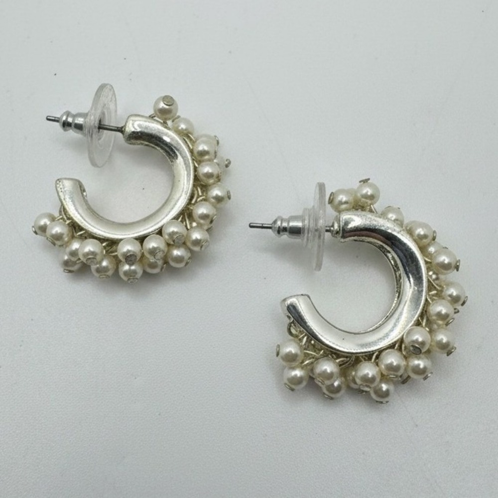 Silver Tone Faux Pearl Cluster C-Shape Hoop Earrings Post Back Elegant Romantic